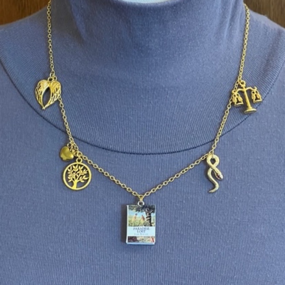 Paradise Lost John Milton Handmade Gold Literature Necklace, Book Cover Serpent